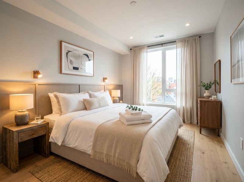 Airbnb turnover cleaning service — guest-ready bedroom with fresh linens in Del Mar