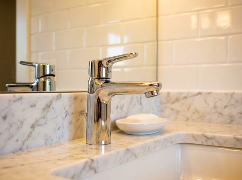 Deep cleaning service — gleaming marble bathroom with polished chrome fixtures